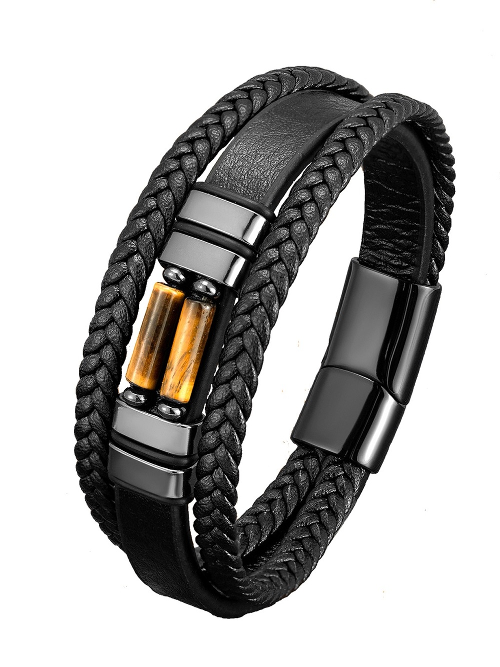 Black Braided Leather Men’s Bracelet with Amber Accent